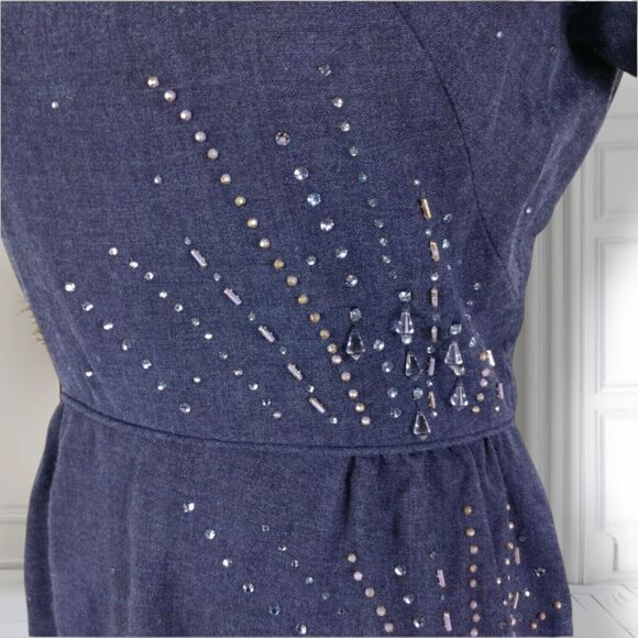 Vintage 50s 60s Beaded Fitted Cocktail Sheath Dress Size 6 Chambray Boat Neck - Picture 9 of 13